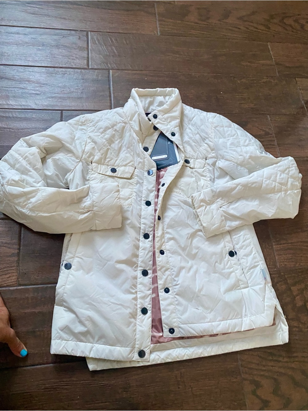 Stio Women's Quilted Puffer Jacket in Cream with Navy Buttons